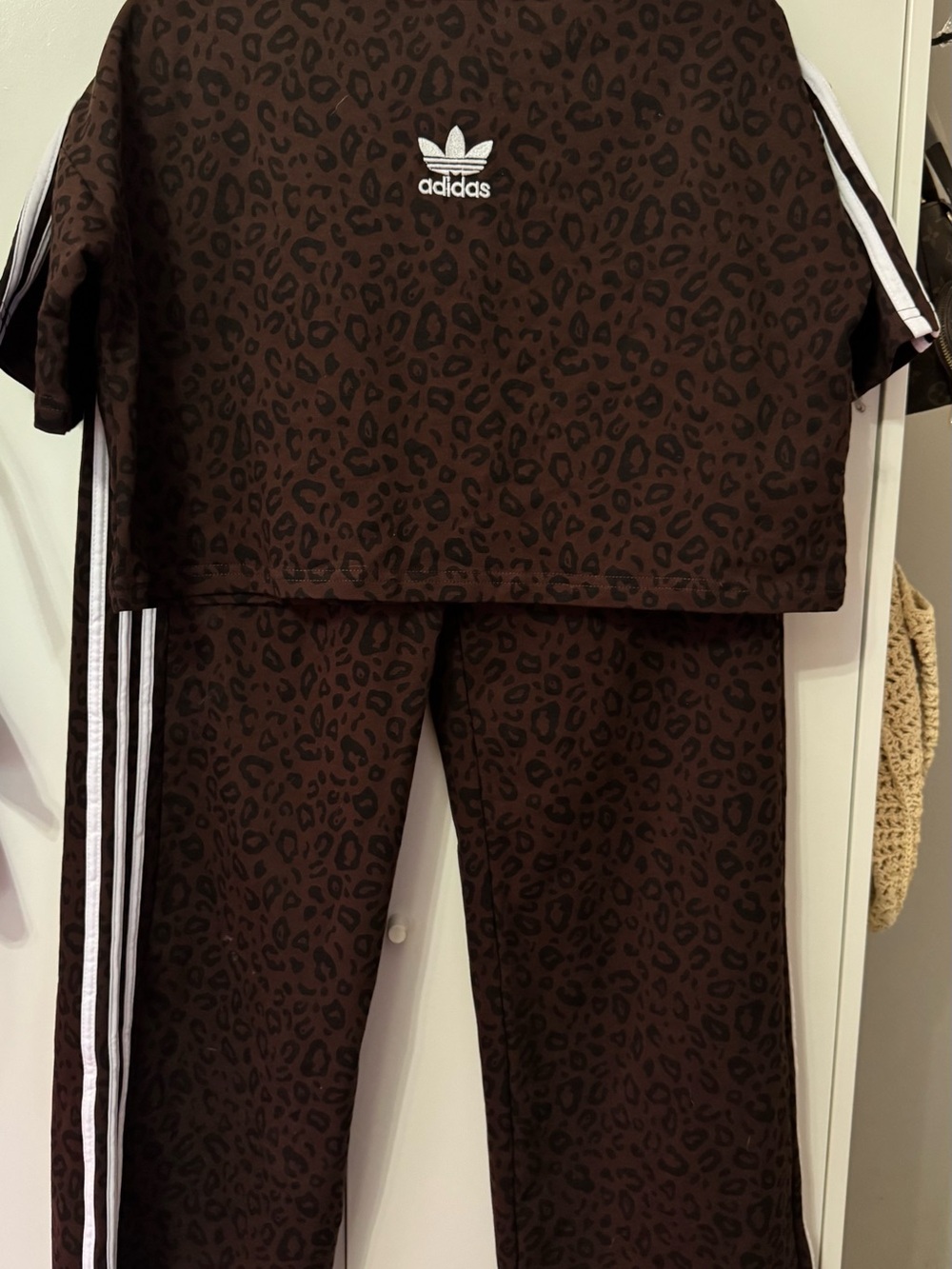 adidas Brown Leopard Print Pajama Set with White Stripes